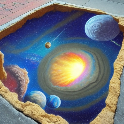 Chalk art on a pavement of a surreal view of a seemingly big broken hole into space as though you could step into it, with stunning planets and star bursts, galaxies, 3d perspective feel vibrancy, forced perspectives, street art, natural colors, soft macros, hyper maximalist,