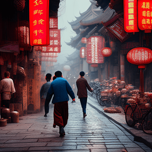 Chinese are escaping from a madman on the street in china, cozy atmosphere; 8k, intricate detail, photorealistic, realistic light, wide angle, kinkfolk photography