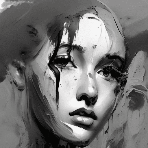 A black and white painting of woman's face, in the style of messy, zbrush, i can't believe how beautiful this is, flowing brushwork, multi-layered figures, sharp brushwork, bad painting --ar 73:112 --stylize 750 --v 6