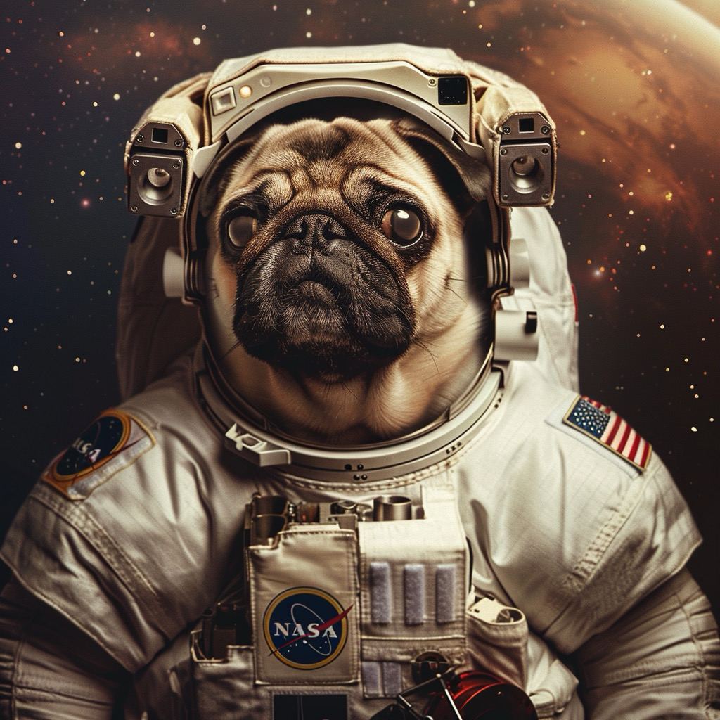 Photo of a pug in space. Pug in a nasa astronaut costume. Around the stars. The picture is detailed --v 6. 0
