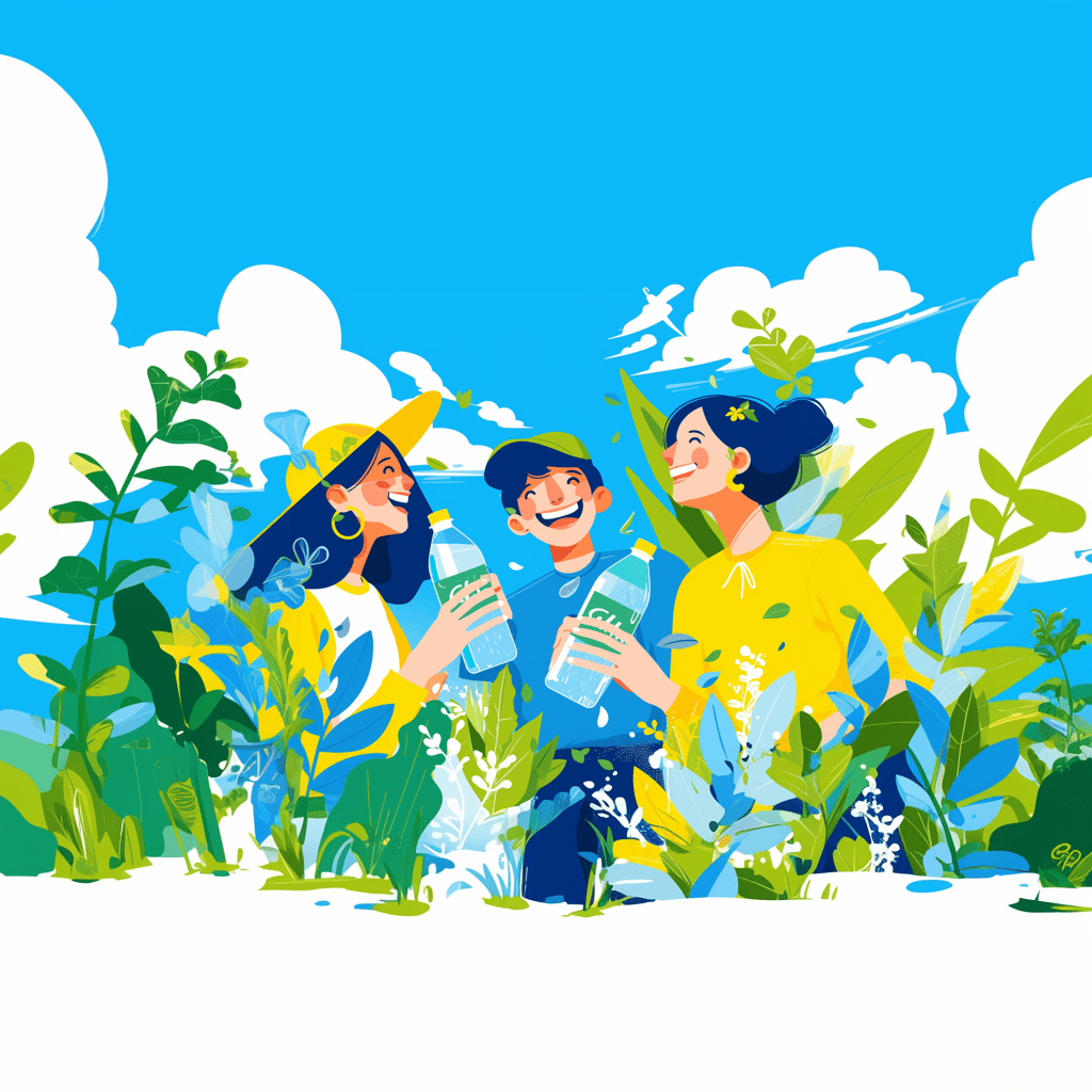 Flat illustration of 2 asian women and 1 asian man happily drinking drinks from pet bottles together, the characters are located in the bottom right corner of the screen, colorful, panoramic, simple minimalist style, designed in the style of vector illustration, high resolution and high details