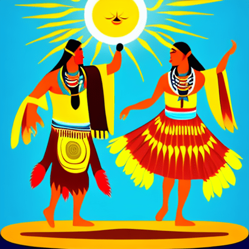 Native americans in traditional costumes performing the sun dance, vector graphics image
