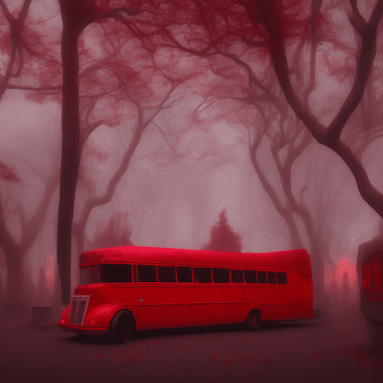 Angled view of a detailed blood red shiny metallic huge school bus at a distance, dark fairytale aesthetic, intricate details, in the middle of the night, very detailed, lit street, dead trees, streets lights, foggy, divine presence, cemetery nearby