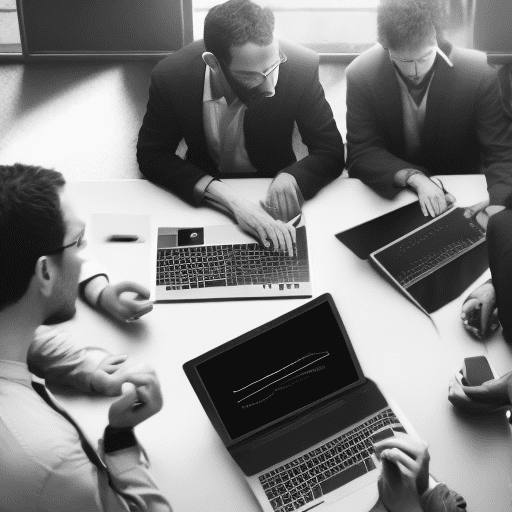 Photo of back angle of a group of rabbis huddled around a laptop, working on ai projects. 4k award winning photography, black and white, dramatic light, pale sunrise, cinematic lighting, battered, low angle, trending on artstation, 4k, hyper realistic, focused, extreme details, unreal engine 5, cinematic, masterpiece, art by studio ghibli, intricate artwork by john william turner