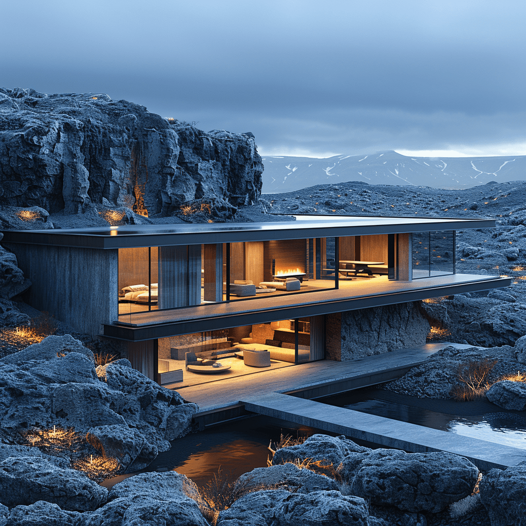 Modern minimalist residential house in iceland, dramatic lighting, aerial view, canon eos 5d, stunning, archdaily front page, award-winning design, ultra realistic, unreal render, 8k --stylize 750
