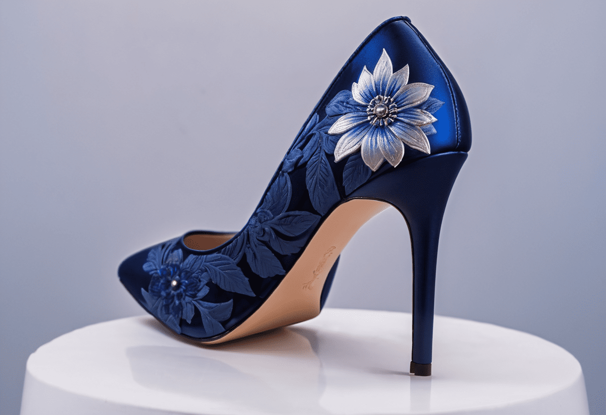 (closeup shot of a pretty flower planted in a high heel, masterpiece, intricate details, high quality:1. 2) , it is detailed with indigo and dark indigo patterns, at overcast, relieving, trendercore, accent lighting, f/2. 8, cinecolor