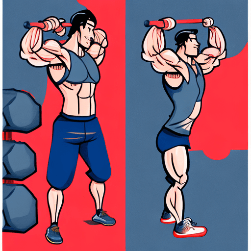 Create an illustration of a middle-aged man doing a workout with dumbbells, inspired by traditional japanese art and manga styles. The man should be depicted in a dynamic and expressive pose, emphasizing the physical effort of lifting the dumbbells. Use a bold, high-contrast color palette with dominant colors such as red, dark blue, and a contrasting color like yellow or light blue. Ensure clean, bold outlines and minimalistic shading to maintain a flat, graphic look. The man's attire can blend traditional japanese elements with modern workout gear, incorporating features like a headband or kimono-inspired workout clothes. The background should be simple and uncluttered, featuring a solid color or subtle pattern, to keep the focus on the character. The overall style should blend historical aesthetics with contemporary themes, creating a visually engaging and thematic artwork