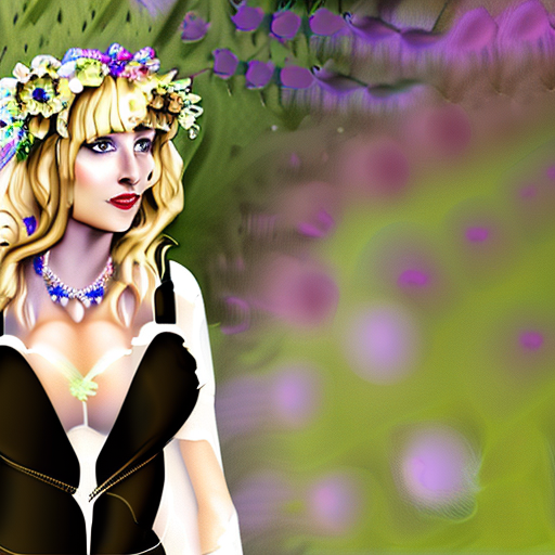Lady with floral headdress, blonde hair, blue eyes, seductive attire, garden, sunny day, realistic texture