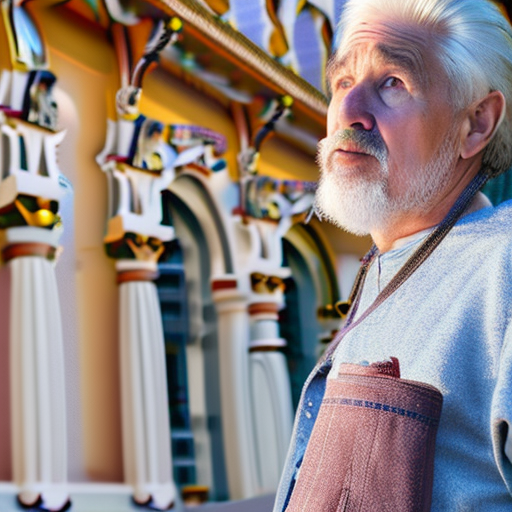 A white hair man with goatee, tall wondering nomad, holding a camera, with discovery of the world's wonders, his expression was looking around looking for something, looking around, with the background a very fresh and glorious landmarks, hyper realistic, no defects.