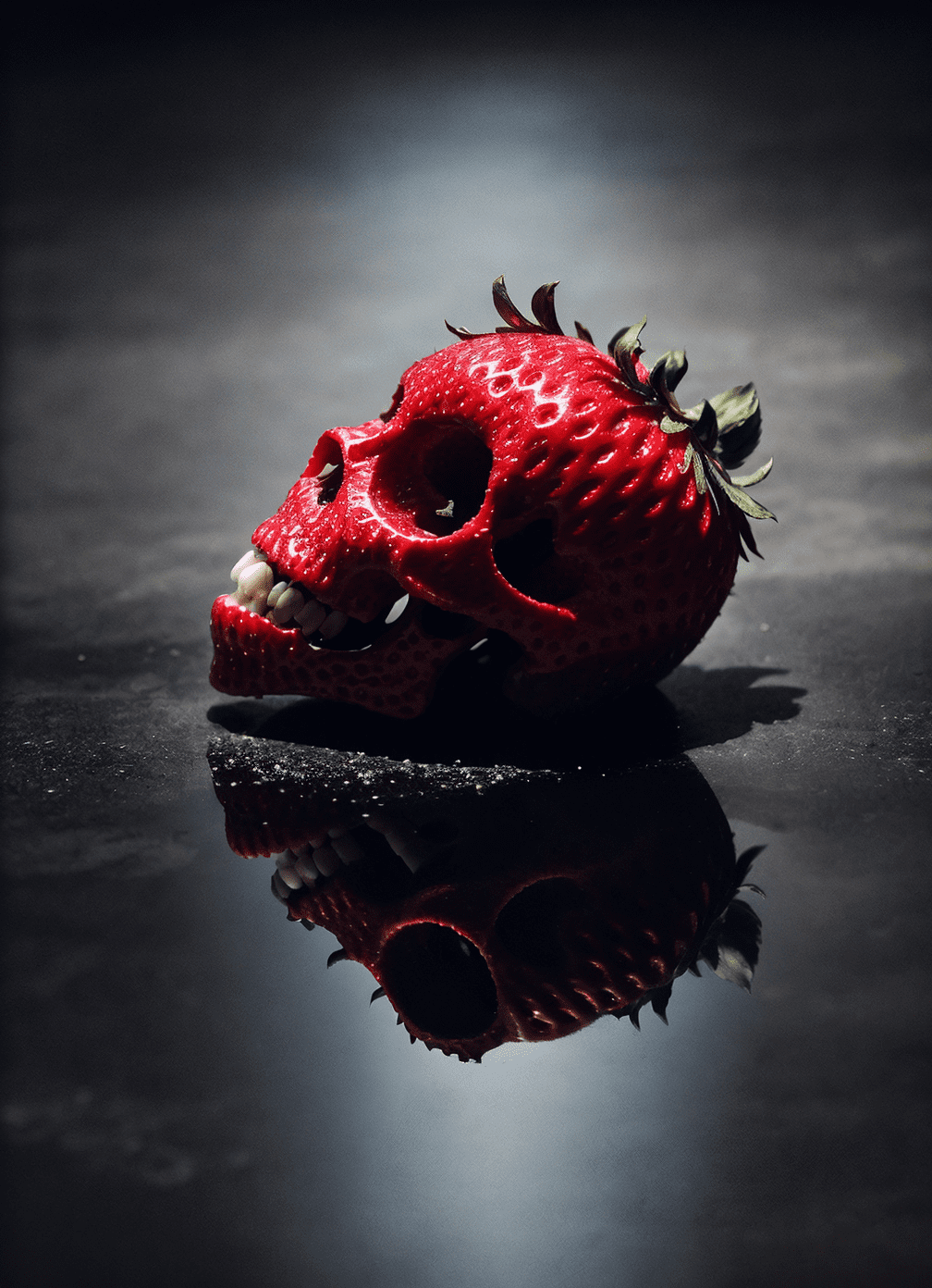 Close up, delicious strawberry death skull, very detailed scenery, dynamic pose, visionary details, crisp focus, dramatic lighting, shot with a canon eos r5, 70-200mm f/2. 8 lens, mysterious shadows, complex reflections.