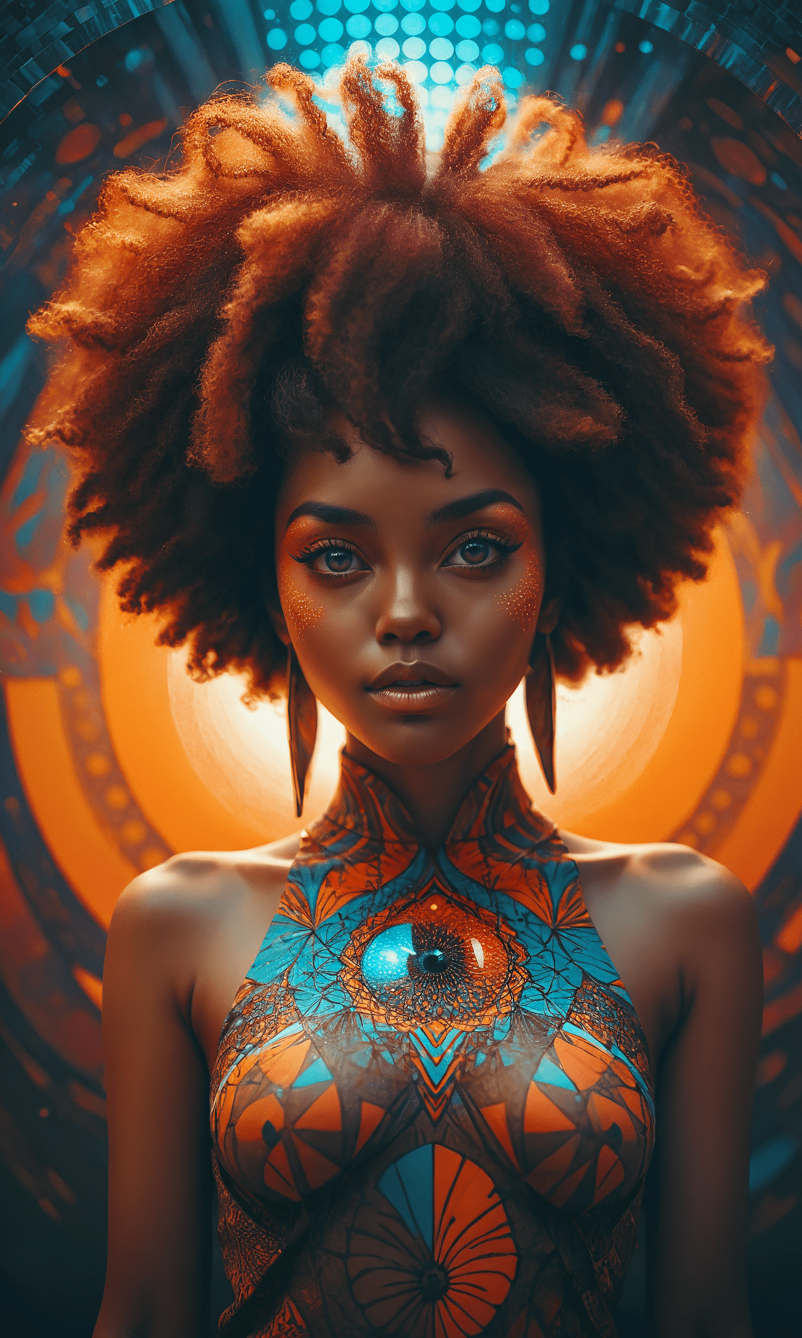 Portrait of a gorgeous woman with afro, hybrid art, duotone, halftone, vivid color hues, creative composition, organic, geometric, dynamic, high contrast, highly detailed, sharp focus, complex, enhanced aesthetics, rich colors