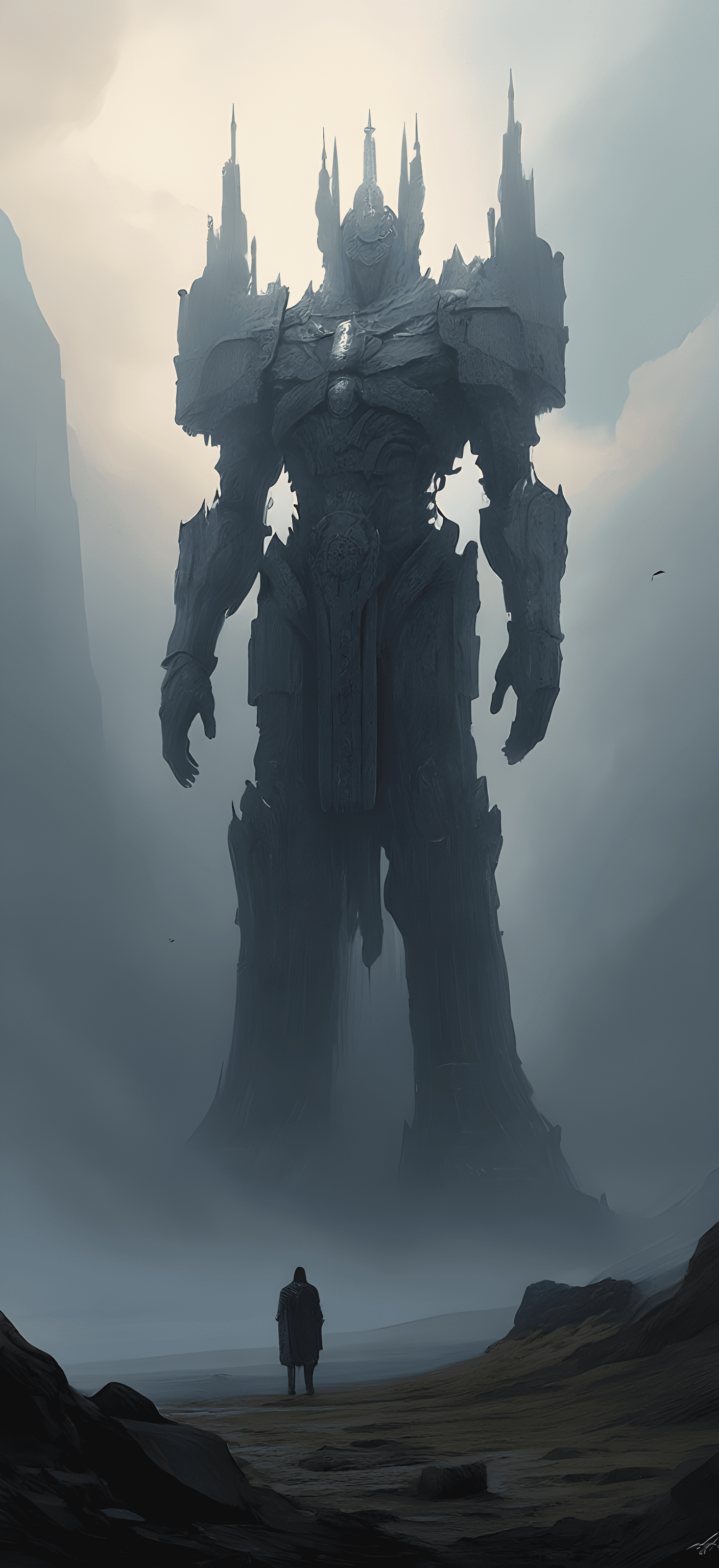 Colossal, awe-inspiring digital painting of a towering sentinel guarding the entrance to a fading, ethereal realm. The sentinel stands as a majestic, otherworldly guardian, its massive form dwarfing the crumbling, mystical architecture in the background. Intricate details adorn its armor and form, hinting at a rich, ancient history. Glowing energy and mist swirl around the sentinel, creating an atmosphere of mystery and waning power. The color palette is muted yet vibrant, with a sense of melancholy and grandeur. This image evokes a profound sense of the sentinel's duty to protect a realm that is slowly slipping away, captured in the dramatic, cinematic style of artists like peter mohrbacher and ahmed raafat.