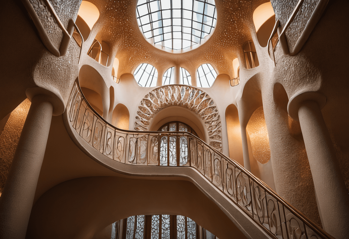 Decoupage, ((cinematic atmosphere raw photo shot by dslr fujifilm xt3,lifelike textures) break modern architecture, inspired by gaudi, h. R. Giger, minimalism, modern, soft, calm, intricate details, high quality, 8k:1. 2)