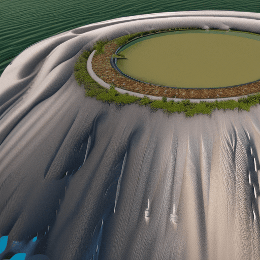 A crater with a lake inside, on top a white city with a 300 m tower in the middle.