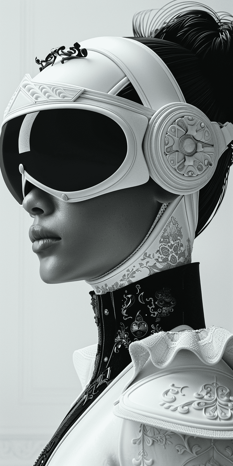 An image of a futuristic woman in a robotic head gear, in the style of dark white and dark black, influenced by ancient chinese art, audio-visual installations, dada-inspired sculptures, steelpunk, symmetrical design --ar 1:2 --stylize 750