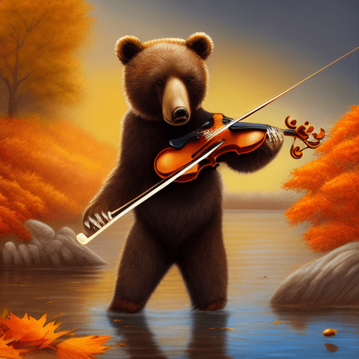 A bear playing violin, in the style of autumn leaves, gold and brown, majestic, sweeping seascapes, photorealistic representation, graceful balance, wimmelbilder, orange --ar 72:101 --stylize 750 --v 6