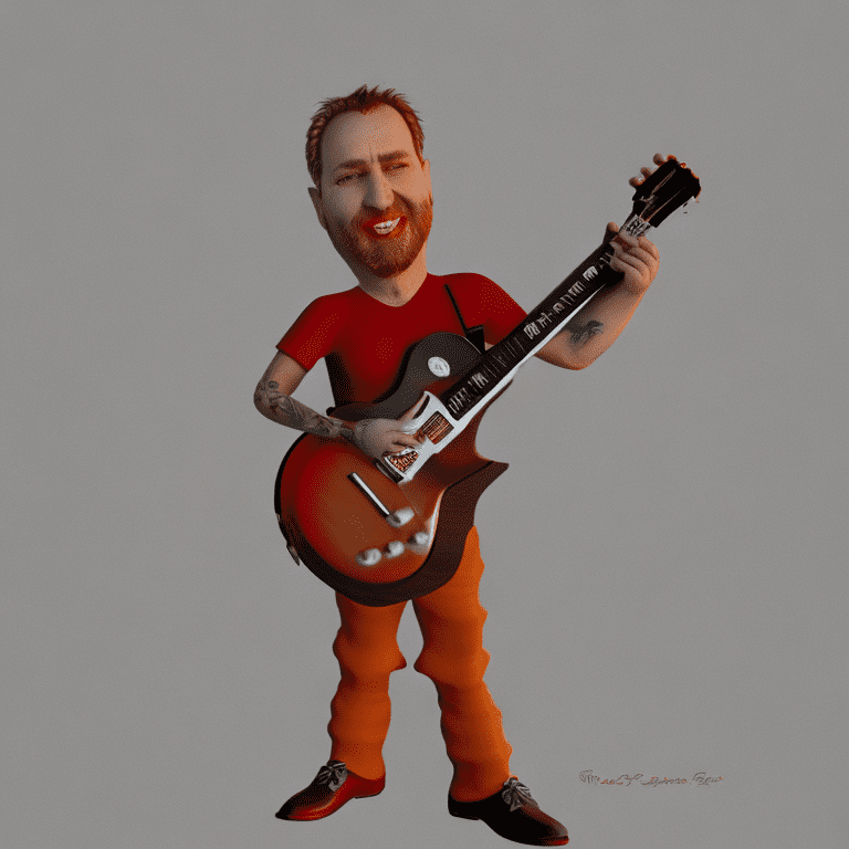 3d caricature of a man with short van dyke beard with tattoos playing a full red les paul guitar full bodyner
