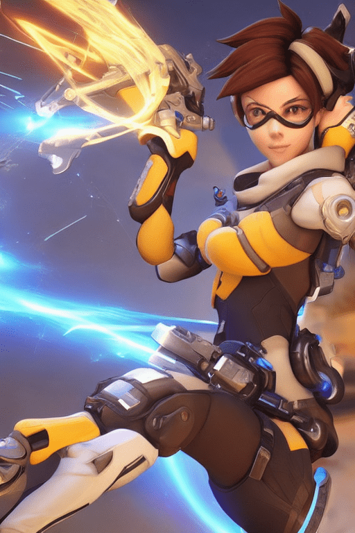 Action packed, photography, (tracer from overwatch:1. 2) , full-length, realistic, (cheerful, energetic) , a time-manipulating british hero, (swift, daring, agile) , equipped with her chronal accelerator, (high-tech, advanced, life-saving) , a device that controls her time-traveling ability, (ingenious, groundbreaking, revolutionary). The chronal accelerator is a central, circular device on her chest, (prominent, glowing, essential) , featuring intricate circuitry and pulsating with blue energy, (vibrant, mesmerizing, technological) , which enables her to blink, recall, and manipulate time, (instantaneous, rewinding, innovative) ,
