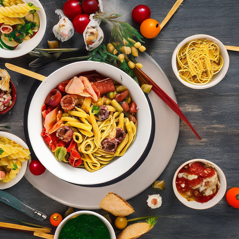 A realistic image of one large bowl containing a variety of italian antipasti and pasta. The picture was taken with an overhead lens so that the food can be seen from a bird's eye view. The colours are vibrant and inviting, with a variety of reds, yellows and greens. Masterpiece, light-coloured table, the photo has white space on all sides