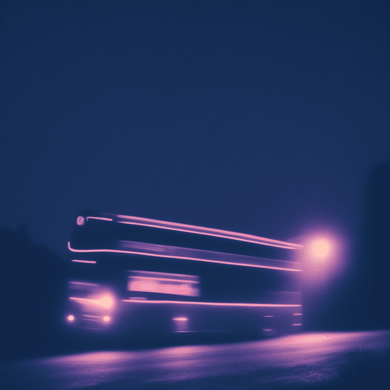View of a dark bus in the middle of the night, moonlight, eerie lighting with neon mist