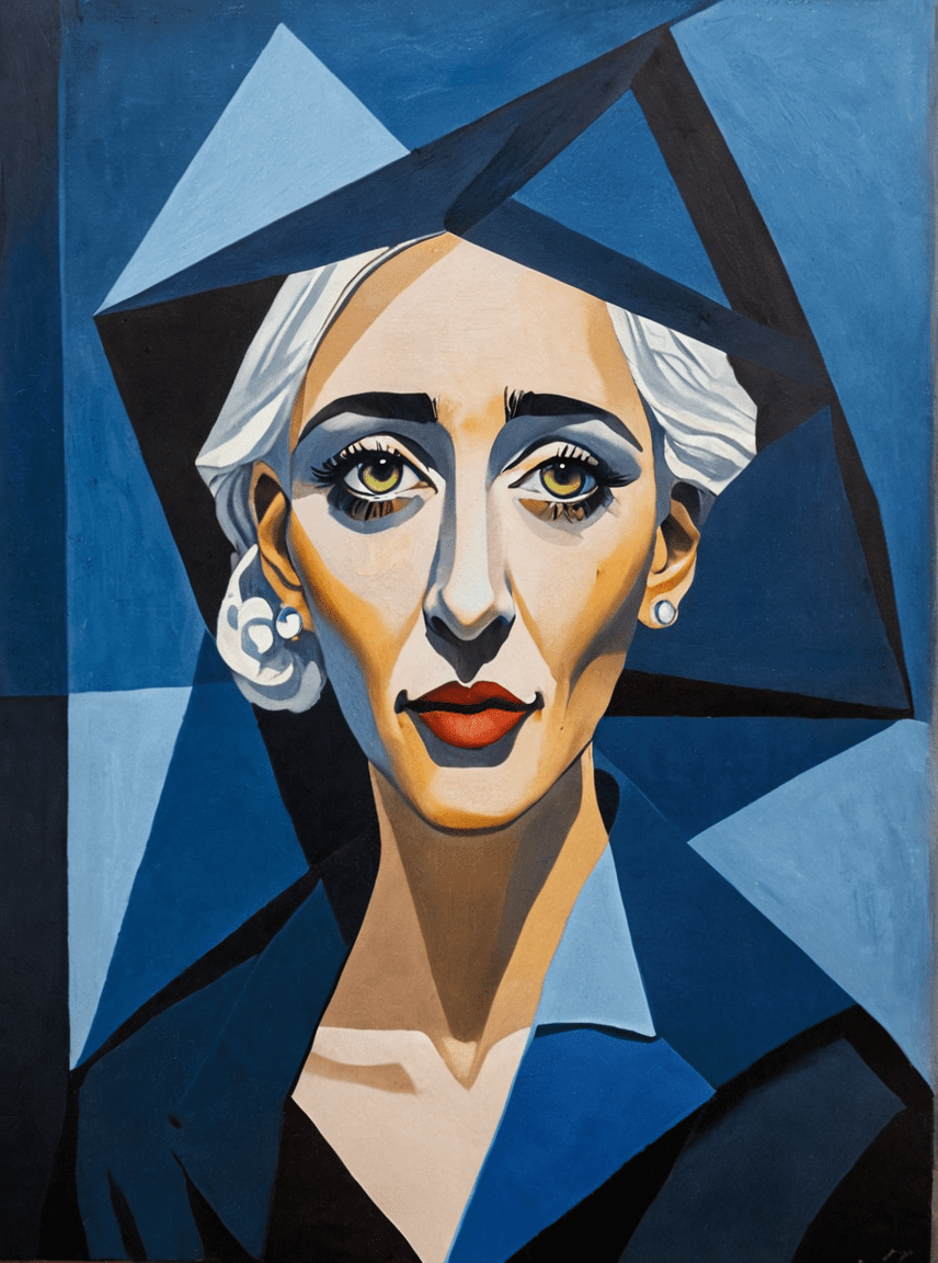Old woman, paper cut collage, oil on canvas, by (pablo picasso:1. 0) and (claude monet:1. 3) , cubism, dark blue color scheme, open background, romantic, flowing, beautiful detailed intricate highly enhanced detail, rich deep complex dramatic light, ambient, sharp focus, artistic, perfect composition, innocent, symmetry, pristine, unique, fantastic