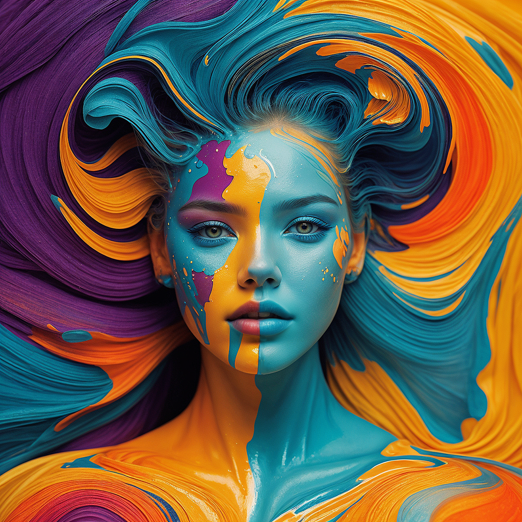 [hdr, film ] , lifelike textures, abstract expressionist painting of (blue and orange paint on the face of a woman, in the style of vray tracing, fluid forms, hyper-realistic details, color splash, dark cyan and yellow, polished metamorphosis, photo-realistic techniques ) , incredible abstract art by sam spratt, (soggy, masaccio, monochromatic realism , energetic brushwork, bold colors, [abstract forms, expressive, emotional] :1)