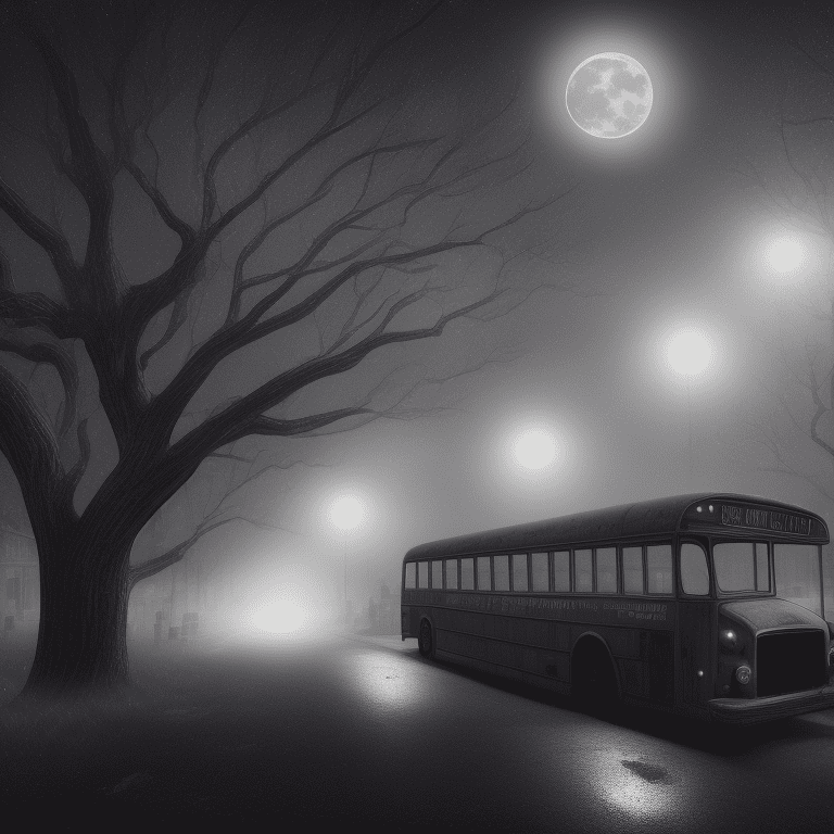 Side view of a detailed school bus at a distance, intricate details, in the middle of the night, moonlight, very detailed, lit street, dead trees, streets lights, foggy, divine presence, cemetery nearby
