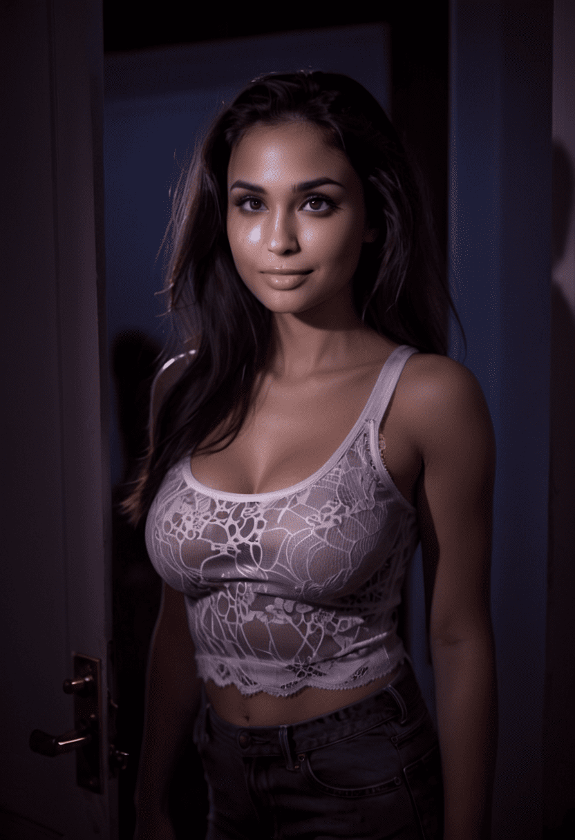 This is a photograph of a sexy woman with long dark brunette hair and dark seductive eyes that are staring into the soul of the viewer. She stands in front of the door to her home late at night. The scene is lit by a single light. Her smile draws the viewer in to her beauty. She wears a form fitting tank top made of a thin fabric with accentuates the curves of her amazing breasts. Her lace top is designed with an exquisite pattern. A light colored lipstick enhances her full lips and a light makeup compliments her perfect skin. (dark scene:1. 1) , (smiling:1. 1) , casting shadow style, silhouette style, extremely intricate details, masterpiece, epic, clear shadows and highlights, realistic, intense, enhanced contrast, highly detailed skin