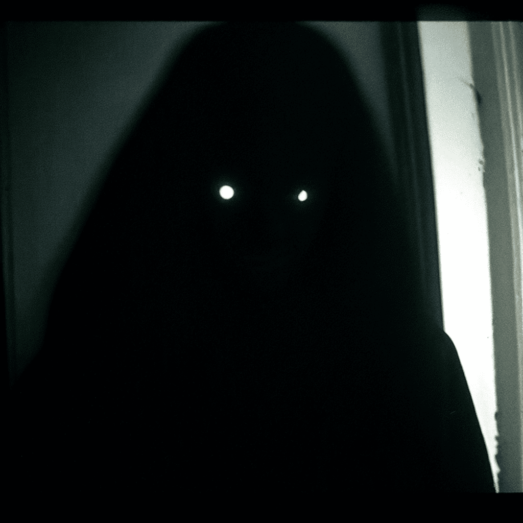 Screen grab vhs quality [restored from security camera] , shadow, dark and mysterious creature, close up, shrouded and darkness, white runic text , grin, intriguing glowing eyes , photo, roger ballen