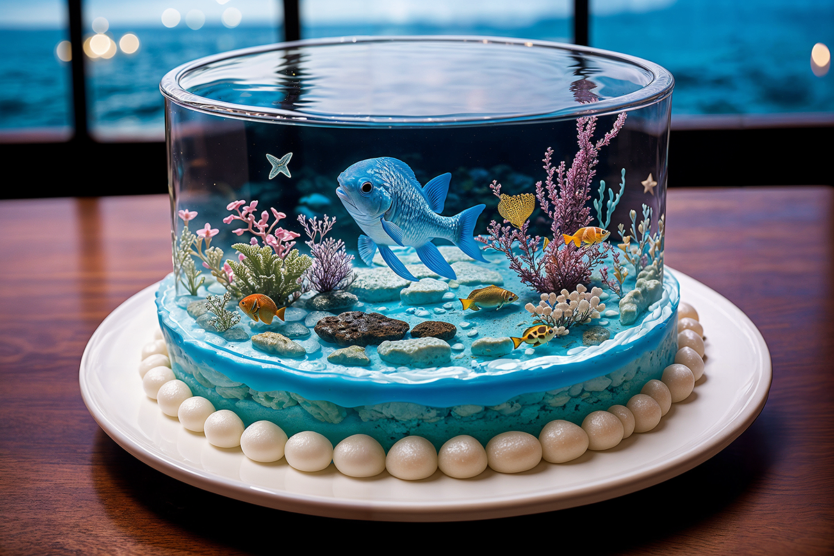 See-through design (blue water cake:0. 56) mimics blue aquarium with fishes inside of transparent cake , intricate decorations, bright stars, baroque style, elegance, digital art, photorealistic, three-quarter view, detailed textures, depth of field, ambient lighting
