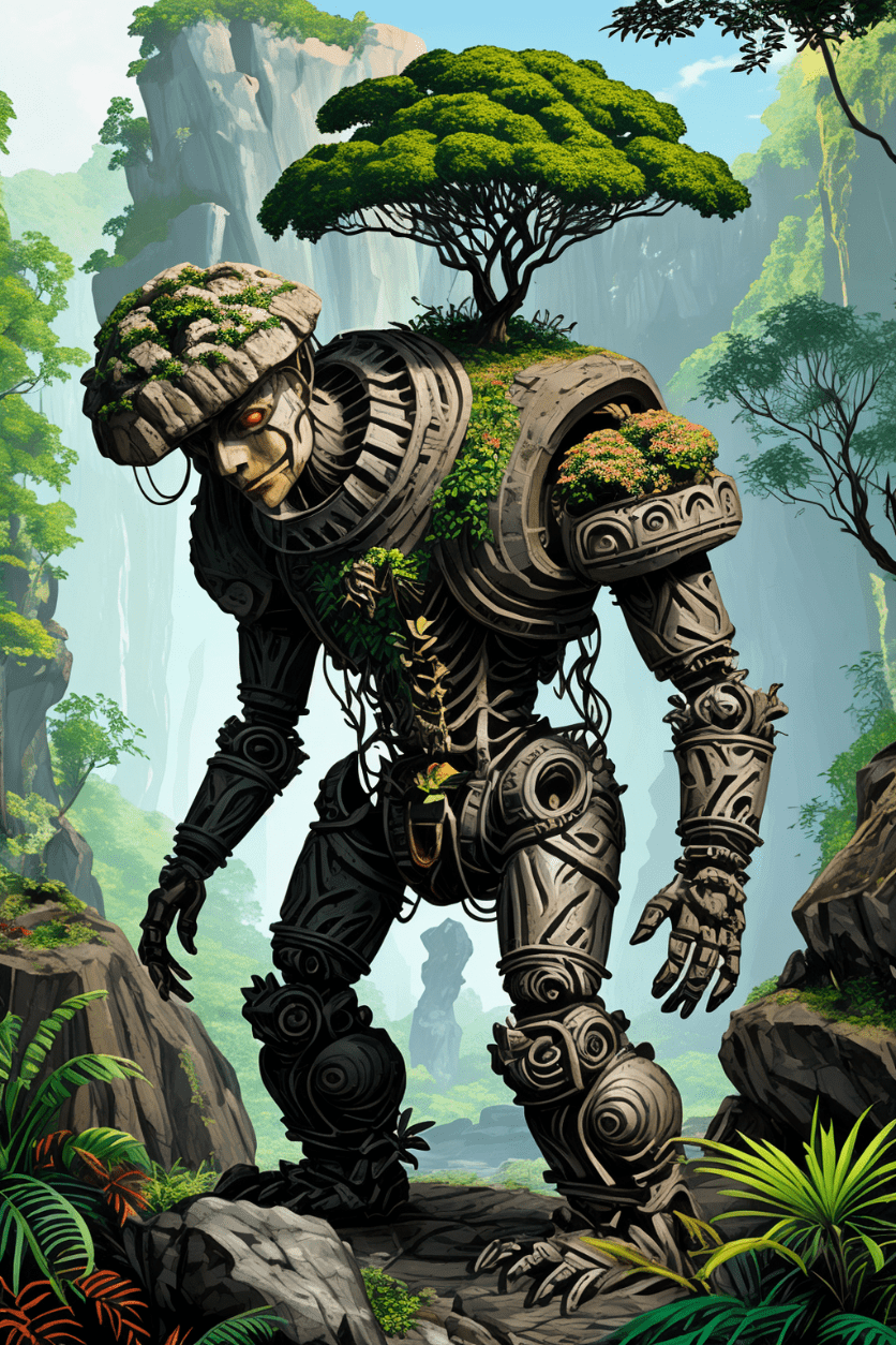 Illustration vector painting art automaton, giant rock golem with plants growing on shoulders, rough rocks, rough stone, unpolished, dirty, ancient, standing, surrounded by jungles foliage