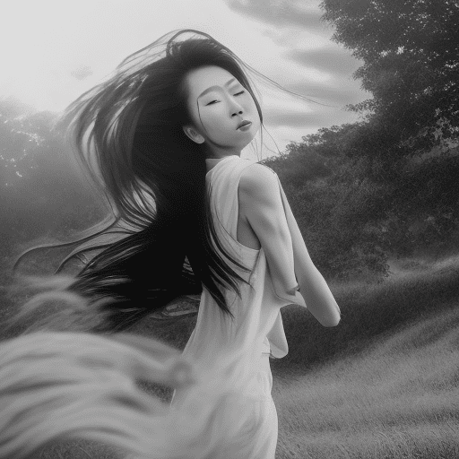 Photo of a ultra realistic asian gils, dramatic light, pale sunrise, cinematic lighting, black and white, hair blown by the wind, aesthetic photography provoke
