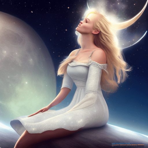 A beautiful blond woman sits on the crescent moon in space, stars all around her, in the fantasy art style, dreamy and romantic, glowing, shining stars illuminate the night sky, magical and beautiful, high resolution, realistic and photo-realistic, a full body shot with long hair flowing in the wind, wearing a white dress. Octane render, trending on artstation, t symmetrical artwork. Cinematic, hyper realism, high detail, octane render, 8k
