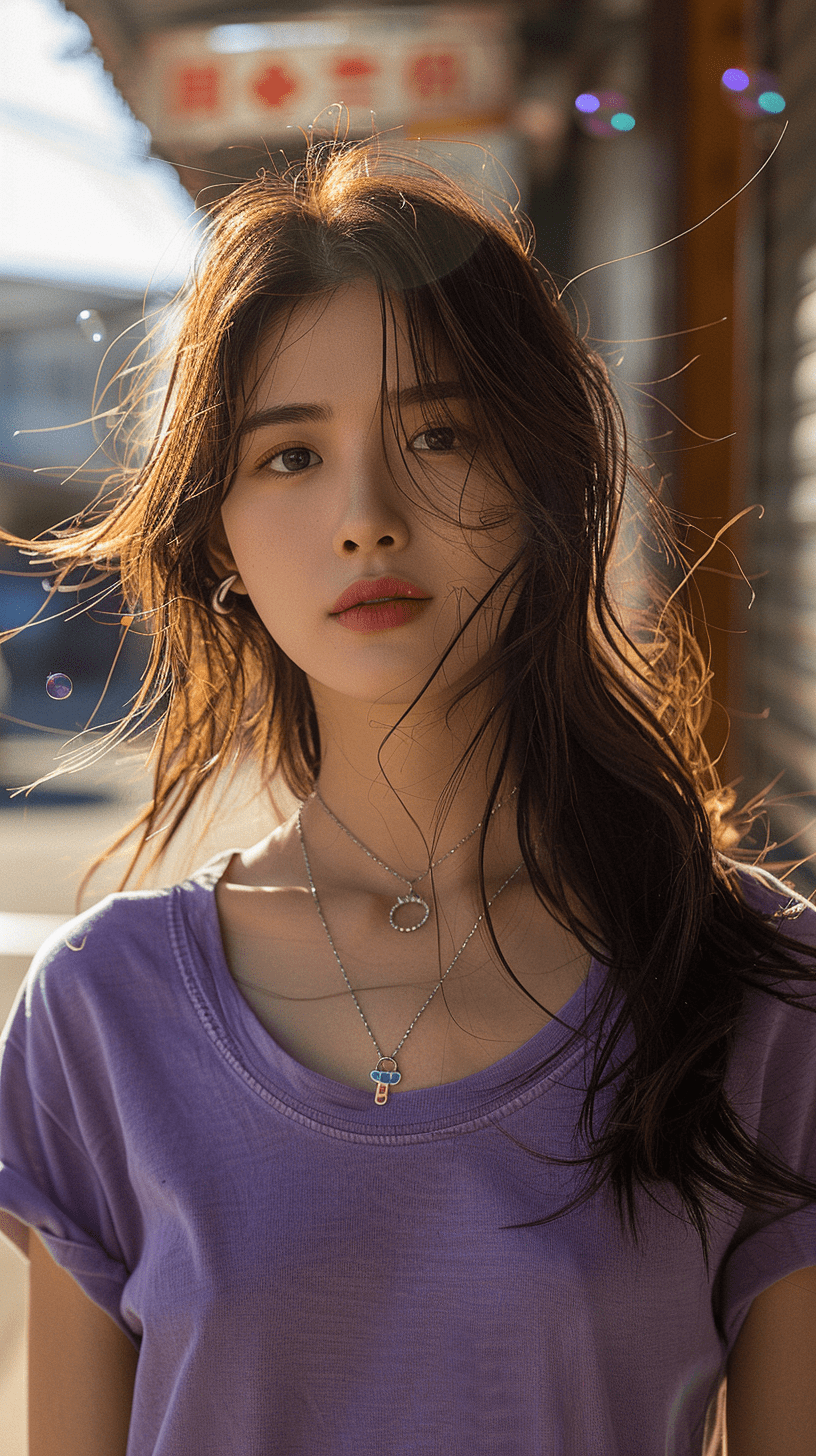 Portrait photography, a beautiful chinese woman wearing a purple t-shirt, with delicate skin, in an outdoor scene, with sunshine shining through her hair, street corner, urban scenery, with a bubble light effect --ar 9:16 --stylize 750