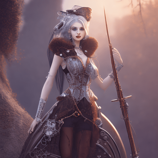 Very beautiful steampunk lady, long silver hair, steampunk outfit and weapon, hyperrealism, photorealistic, 8k, unreal engine --ar 9:16 --niji 5 --style expressive --s 400