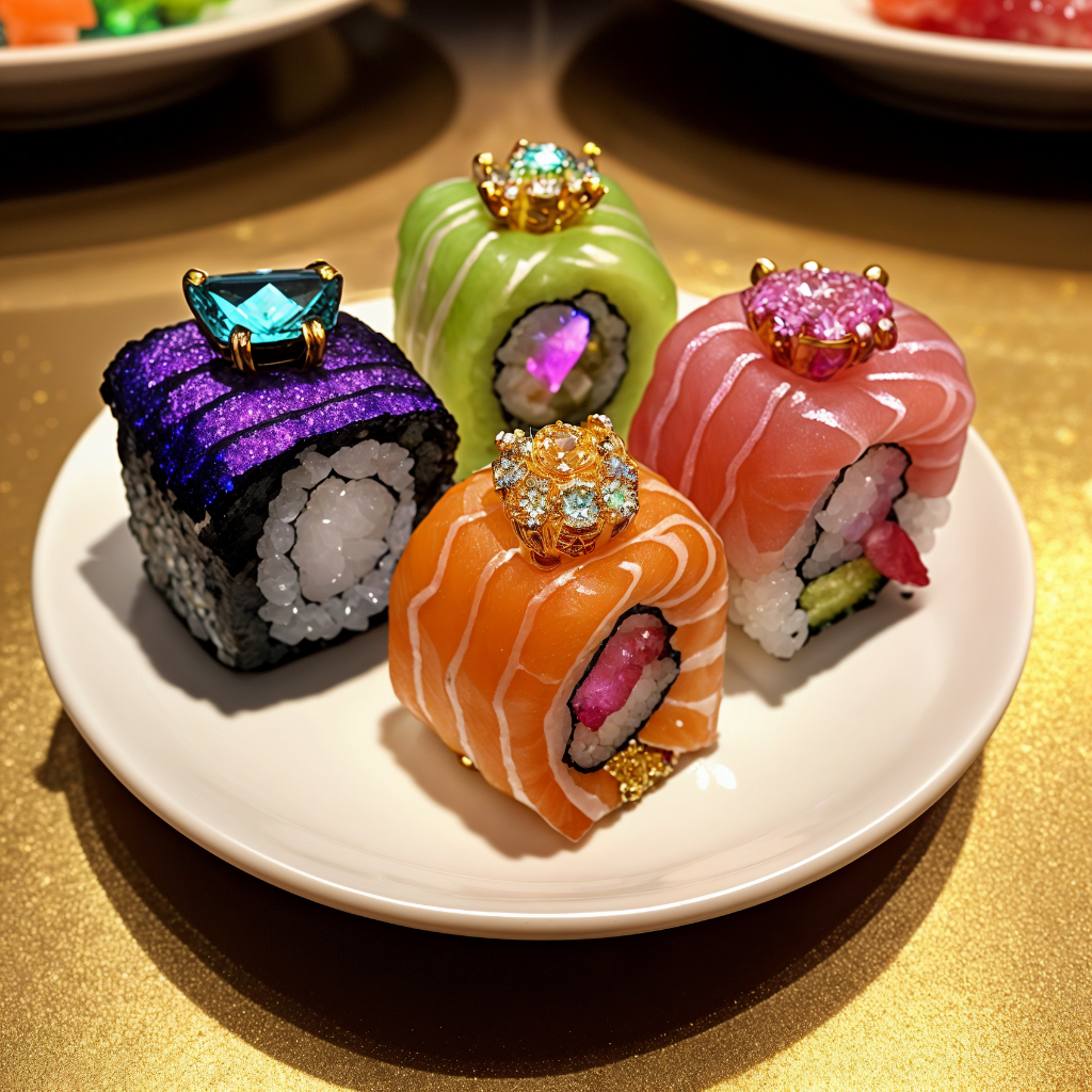 Still life, gem, crystal, shiny, sparkle, food focus, sushi made of golden jewelry. Jewelry rings swarowski