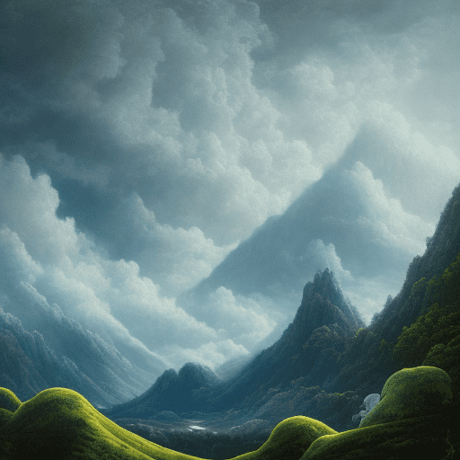 An endless mountain range on the background full with lush green forests and life, blue sky with expressive but formless clouds and stars, a swirving river reaching out to the front of the scene, in the style of atmospheric paintings, with tones of gray, black, green dark indigo and light cyan, aquamarine blue and white, lovely mind-bending sculptures, realistic hyper-detail, in the style of complex compositions, circular abstraction, dmitry spiros, balanced proportions, hard edge painting, fluid simplicity --ar 63:128 --stylize 750