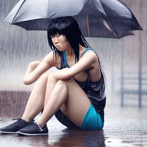 Create a full-body photograph of a hinata crouching low in the rain. She is wearing a wet tank top and a thong, visibly wet. The scene should emphasizing the wet. The photo is taken with a high-resolution camera. The background includes typical elements of a rainy day view. The scene is vibrant, focusing on women's features, clothing and face. Perfect face, simetrical face, simetrict, eyes, 4k, ultra detailed, sharp focus, 8k, high definition, insanely detailed, intricate:1. 1