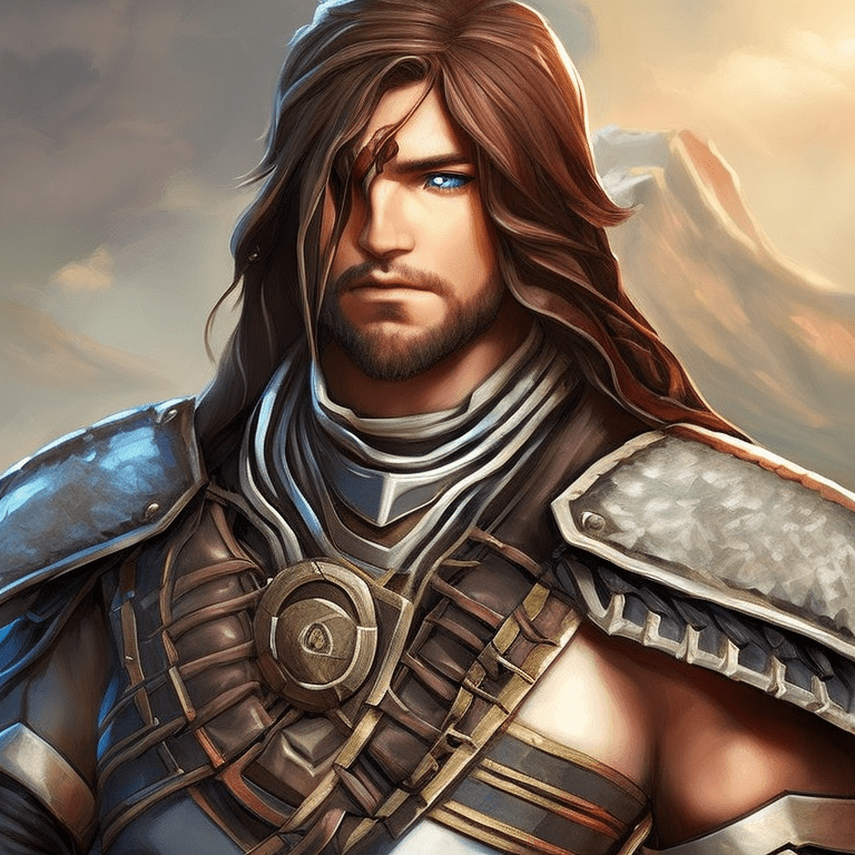 A mysterious warrior with long braided hair looks like god of war, leather armor, torn cloak, brown hair, rough dirty skin, blue eyes, warrior is a man, style of artgerm