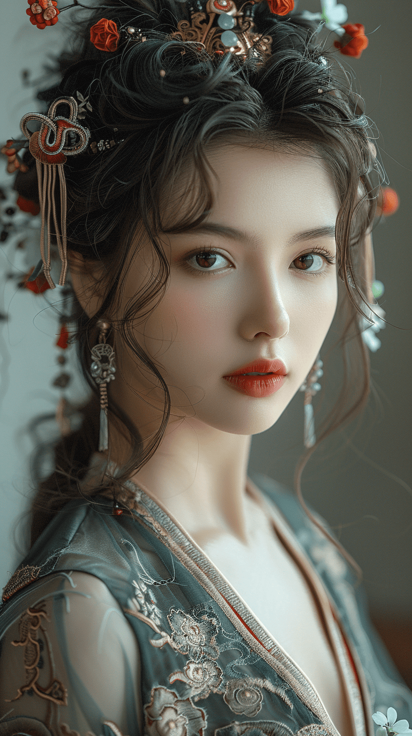 Chinese ancient costume women, beautiful faces, clear textured skin, realistic photography, cloudy ambient light, half-body composition, --ar 9:16 --s 750