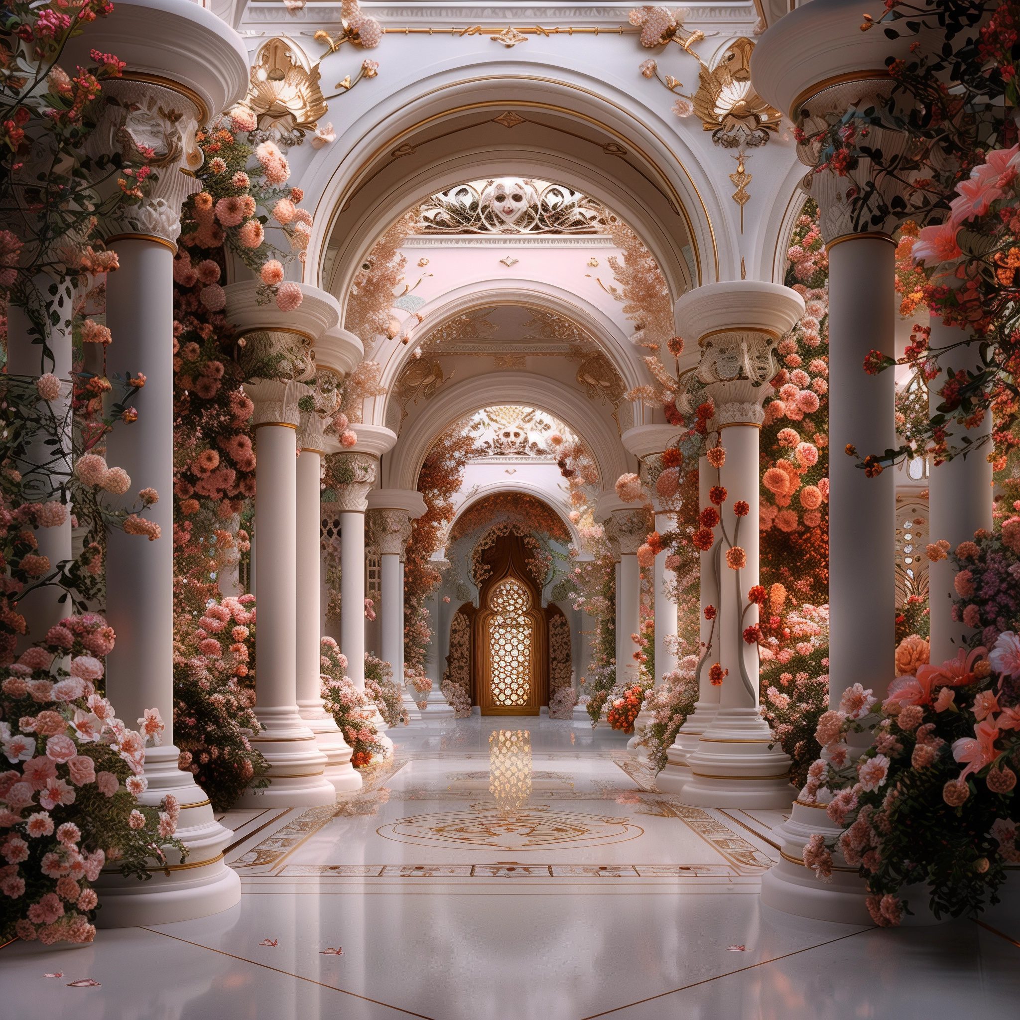 A mansion in the internal worlds of the higher dimensions with flowers and plants merging with the architecture of the place, pillars of white and gold, dark balanced with light, clean and tidy, neat, bright, colourful and elegant reflecting beauty in its structure, 32k, quantum processing, highly detailed and articulate --no water --personalize nwnd4j3 --stylize 600