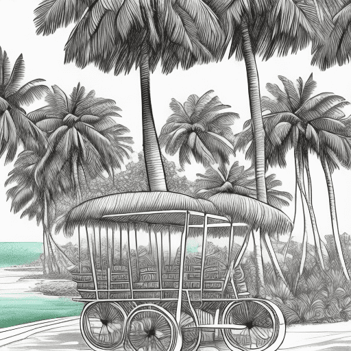 Clean coloring book page, a cart filled with cononuts, line drawing, coconut trees in background, long shot, makoto shinkai, ink sketch, trending on artstation, sharp focus, intricate details, highly detailed
