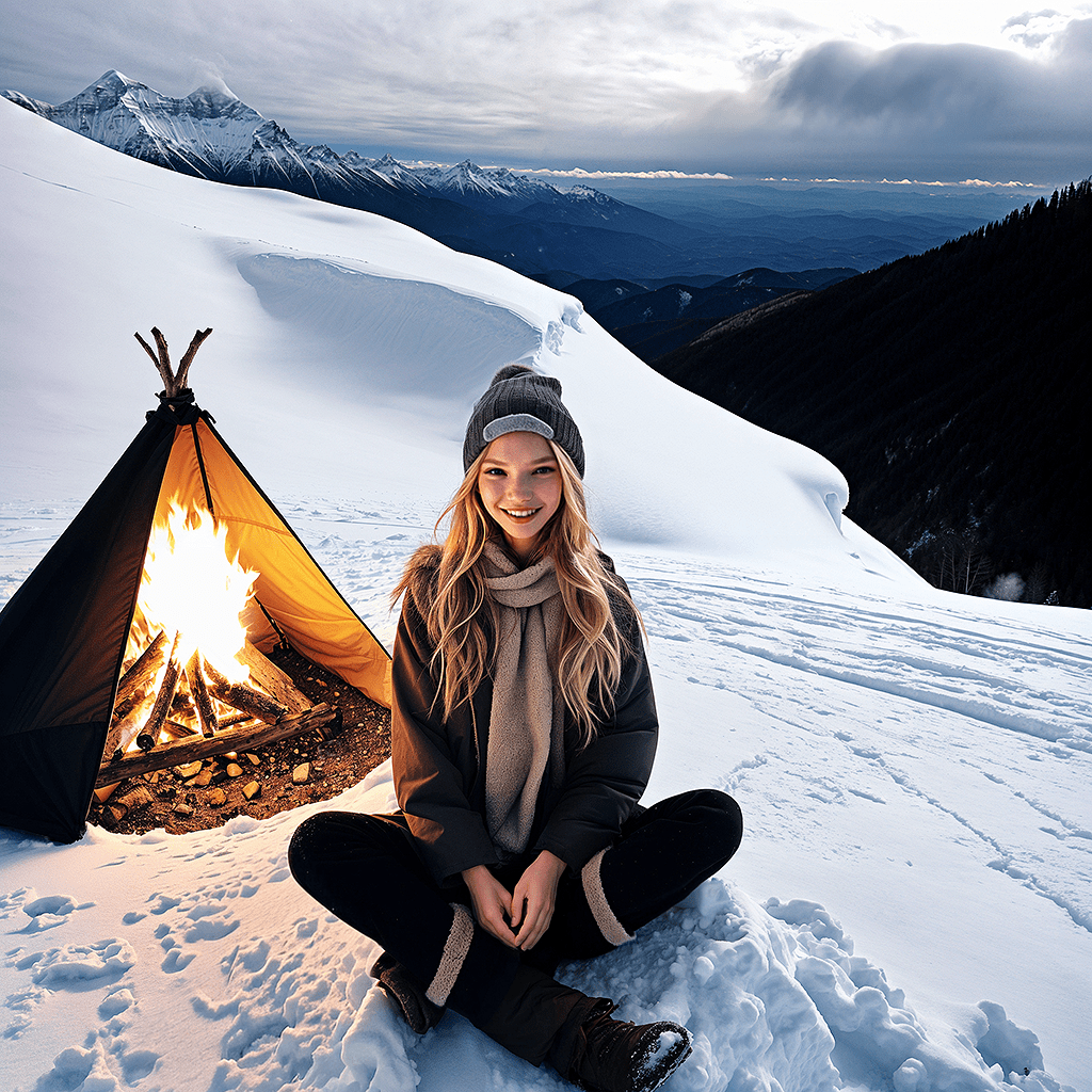 A hippie woman sasha luss in asheville, sited on the edge on top of the snowy mountain everest, next to a campfire