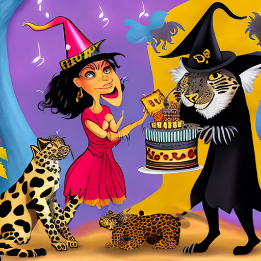 A witch, a leopard and music, all combined in an atmosphere of a birthday celebration, the witch and the leopard have to be funny and dressed in birthday clothes. The image is to create a gift voucher with the following text: "vale por una cena y cine para dos". The person receiving the gift is 34 years old girl.