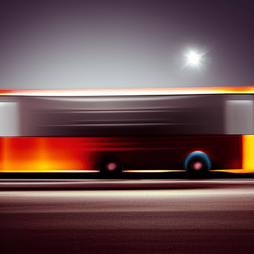 Side view of a long and dark lit strange bus at a distance, in the middle of the night, moonlight, lit street, spooky lights, cinematic lighting