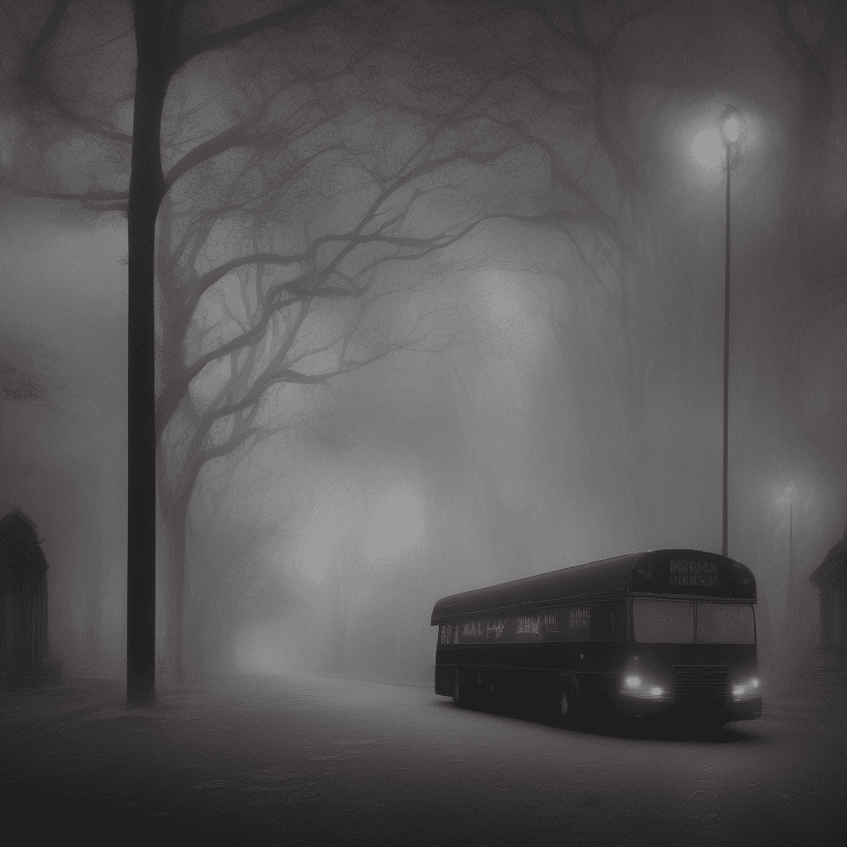 Angled view of a detailed darkish dark shiny metallic huge school bus at a distance, dark fairytale aesthetic, intricate details, in the middle of the night, very detailed, lit street, dead trees, streets lights, foggy, divine presence, cemetery nearby