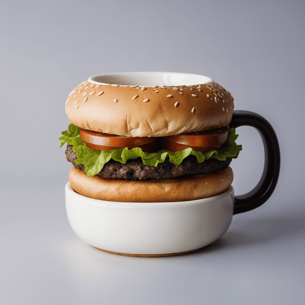 A coffee mug shaped crafted as burger, on a white background product style concept photography