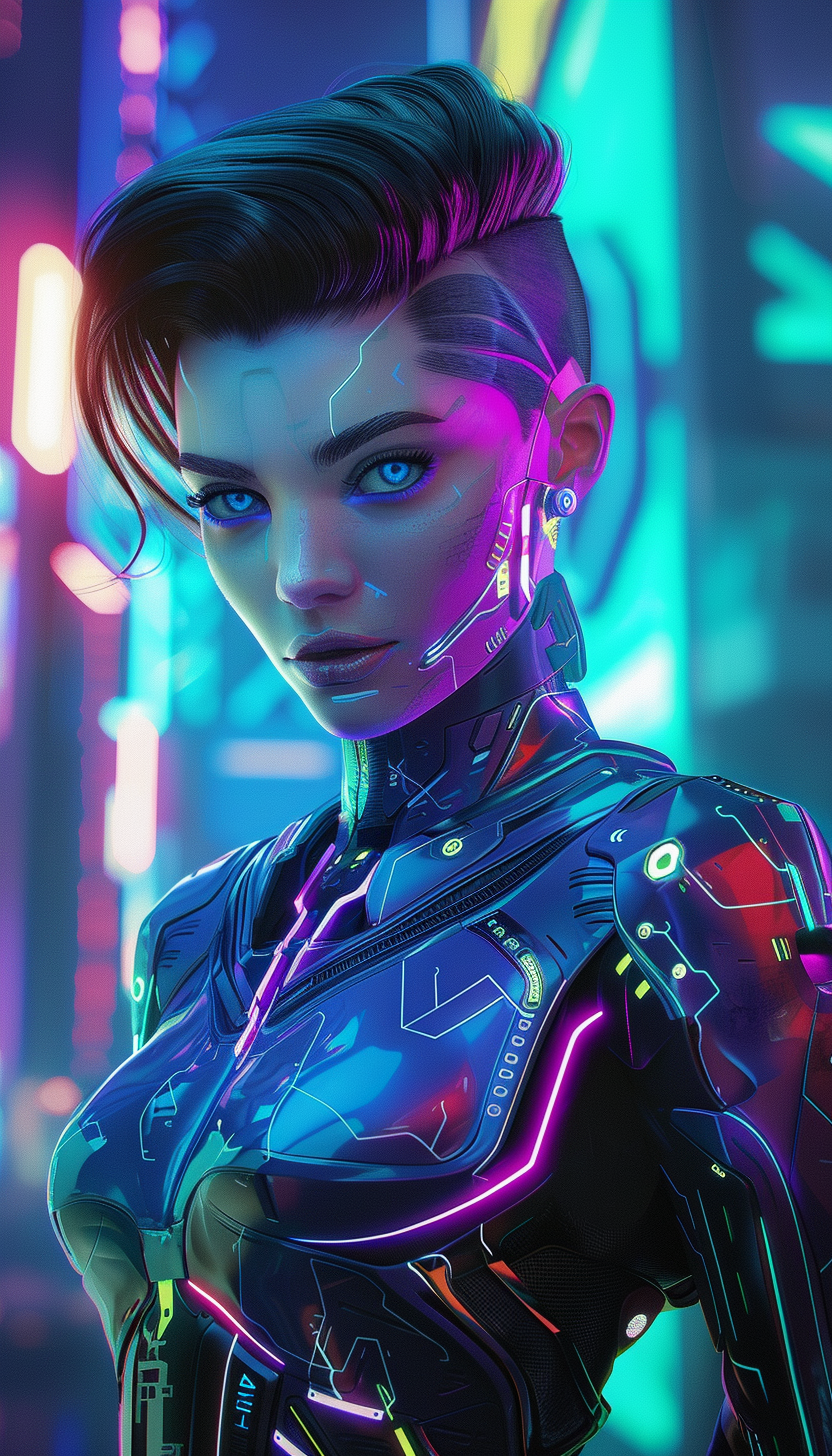 A digital illustration of a woman character in a futuristic sci-fi environment. She has short, shiny hair in shades of electric blue, and her skin is decorated with luminous cybernetic patterns in shades of violet and neon green. His eyes are intensely blue, with a determined and curious look. She wears a technological suit with metallic details and streamlined lines, in shades of silver and dark blue, with a touch of vibrant red. In the background, there are futuristic elements such as holograms and neon lights, creating an immersive science fiction setting, realistic hyper-detailed portraits. --ar 73:128 --v 6. 0 --style raw