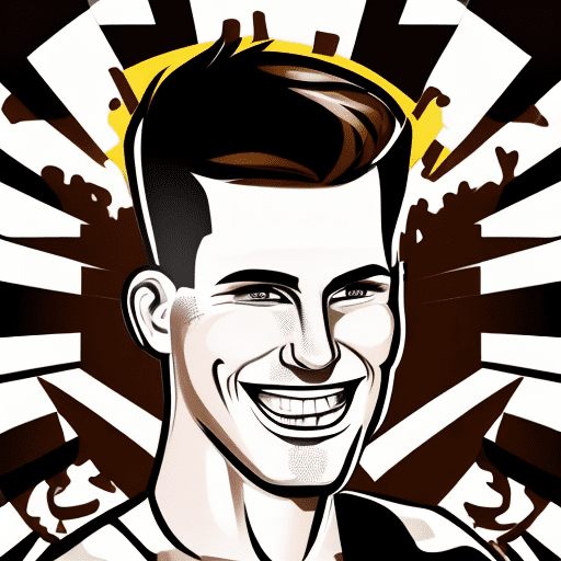 Caucasian male with a big smile, short buzzed brown hair cut, rounded caricature face, cartoon, high contrast, style of pop art, flat white background, looking at the camera, wearing a plain black t-shirt, bold thick outlines, logo type
