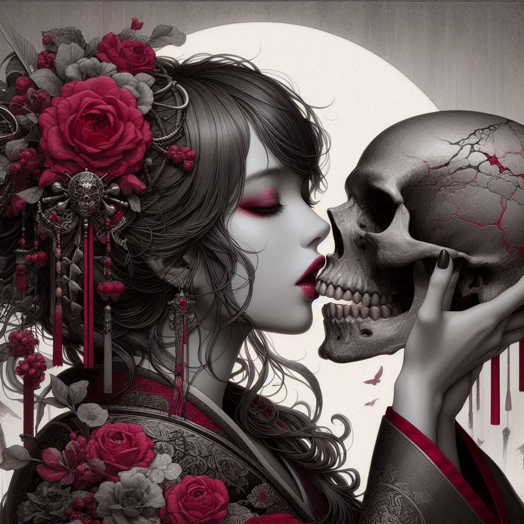An image of a woman kissing a skull, in the style of andreas rocha, japanese-inspired art, gothic references, strong sense of realism, gray and crimson, anime-inspired character designs, black and white portraits --ar 35:64 --stylize 750 --v 6